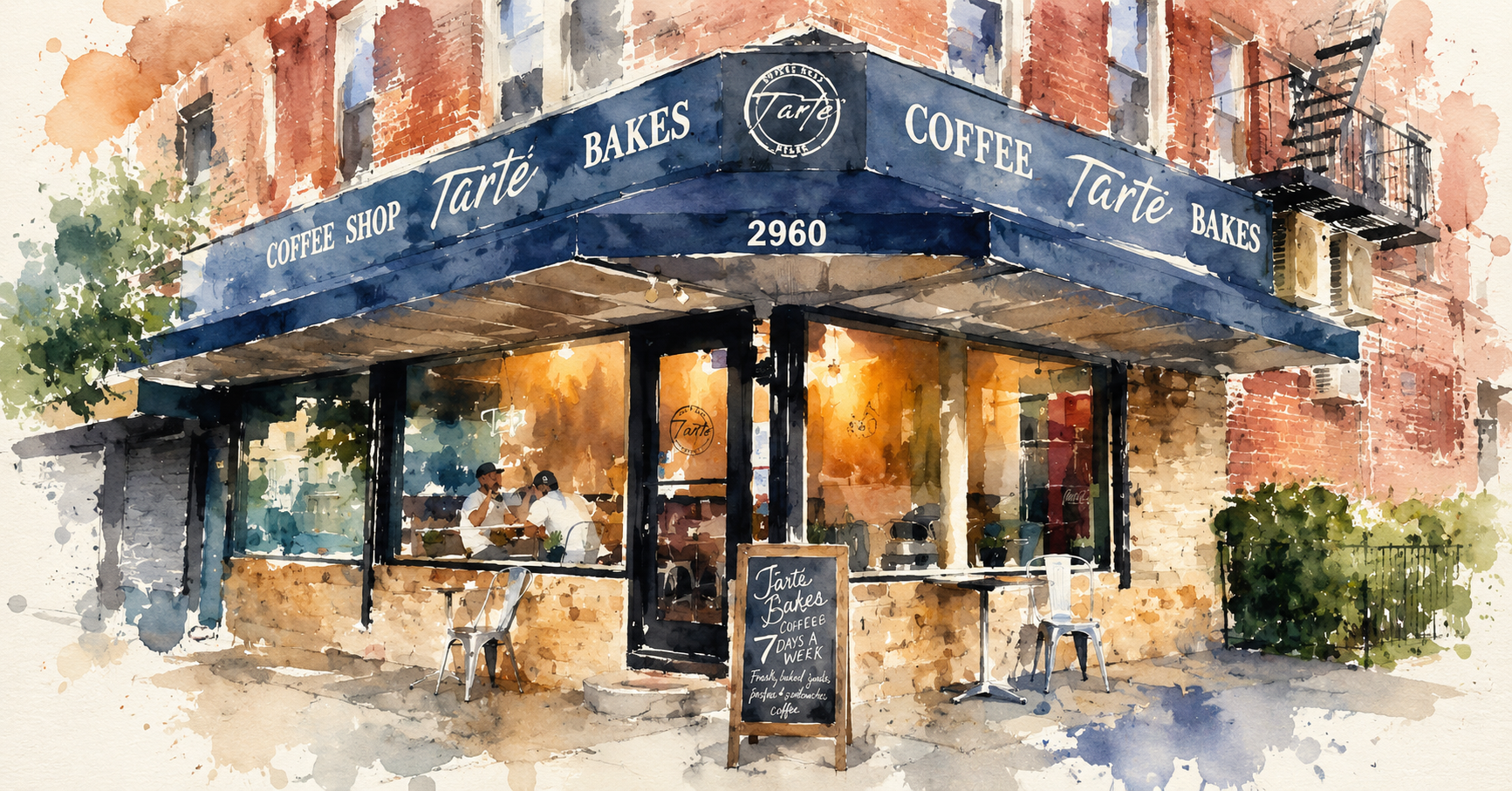 Watercolor of the Tarte coffee shop storefront